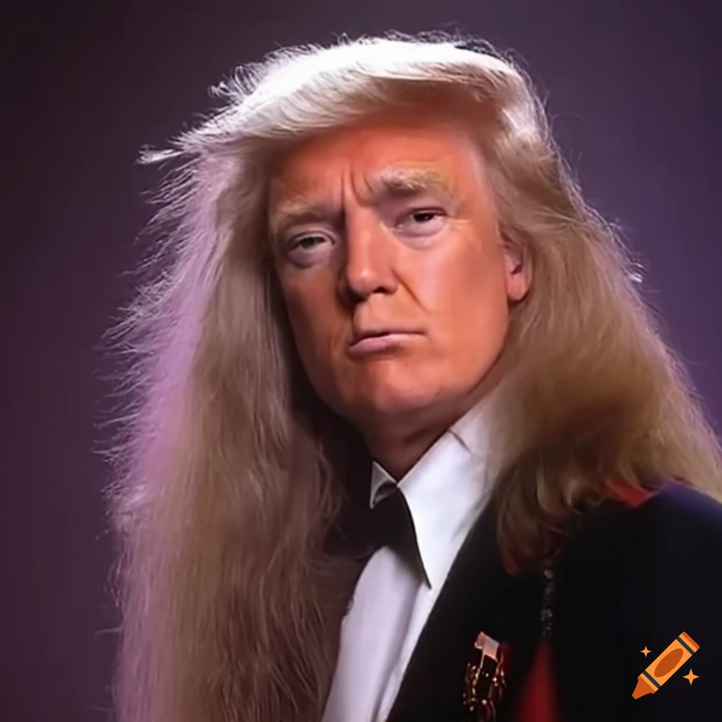 Donald trump with long hair in an 80's glam rock band