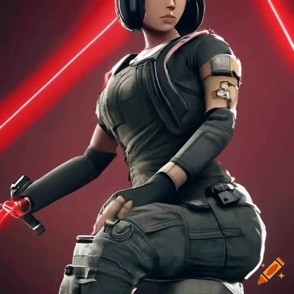 Aruni from the game Rainbow Six Siege, sitting on crates, robotic arm and leg , black tight military uniform, black hair, headphones, female, detail, high detail, photo, realistic, wide shot, red lasers
