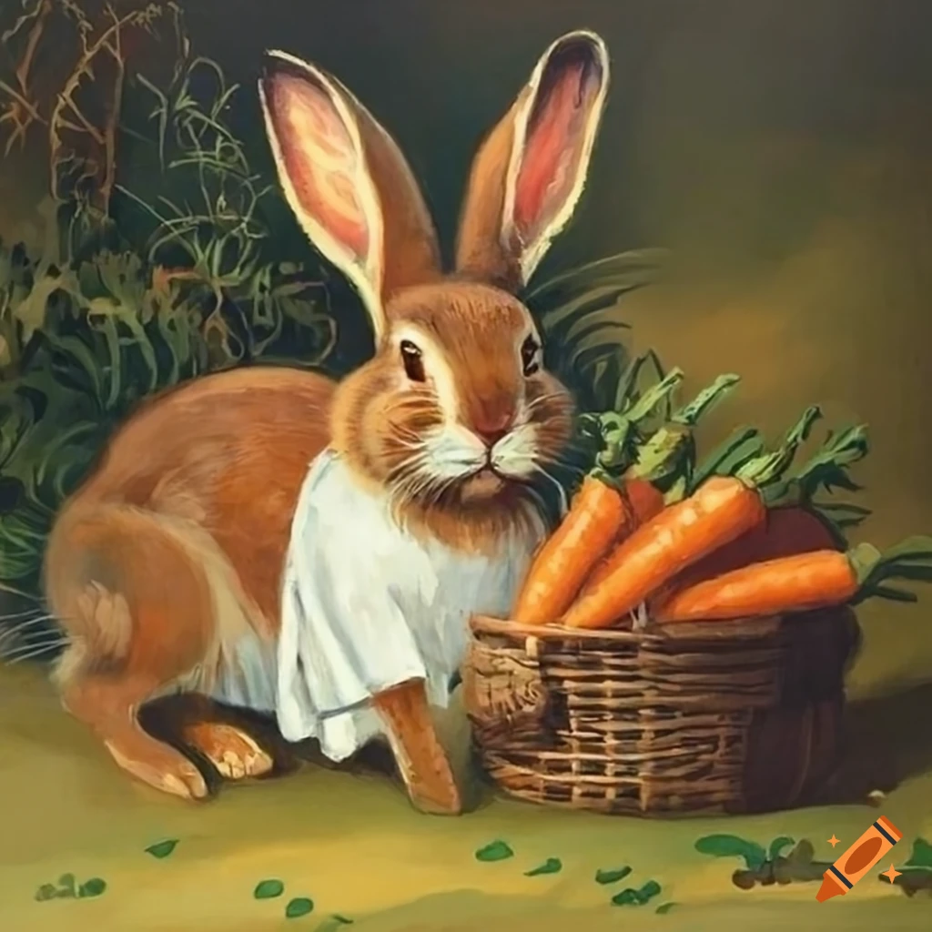 Classic painting of 2 brown rabbits with white spots wearing overalls ...