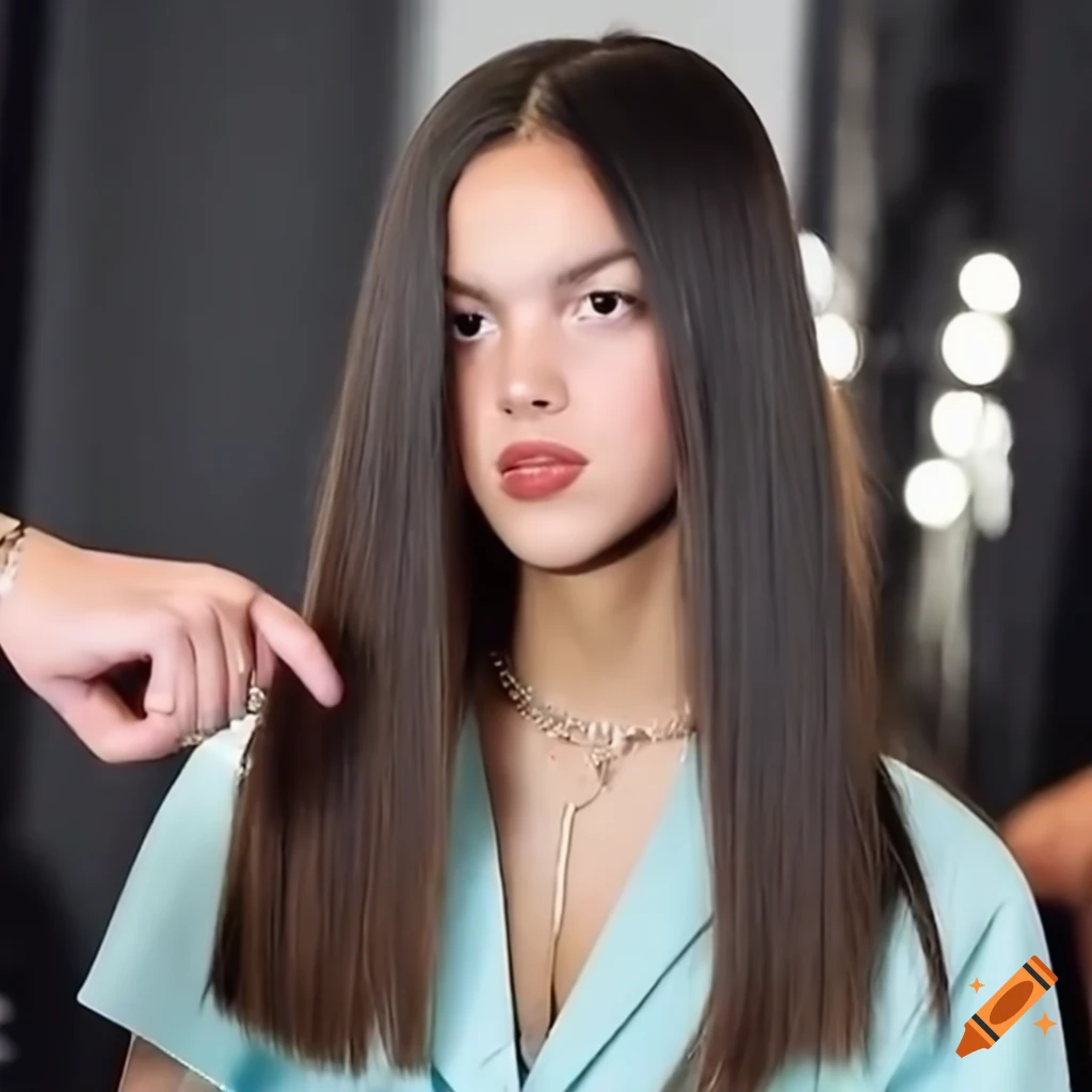 Olivia Rodrigo getting her long, straight hair cut short by a stylist while backstage at a fashion show