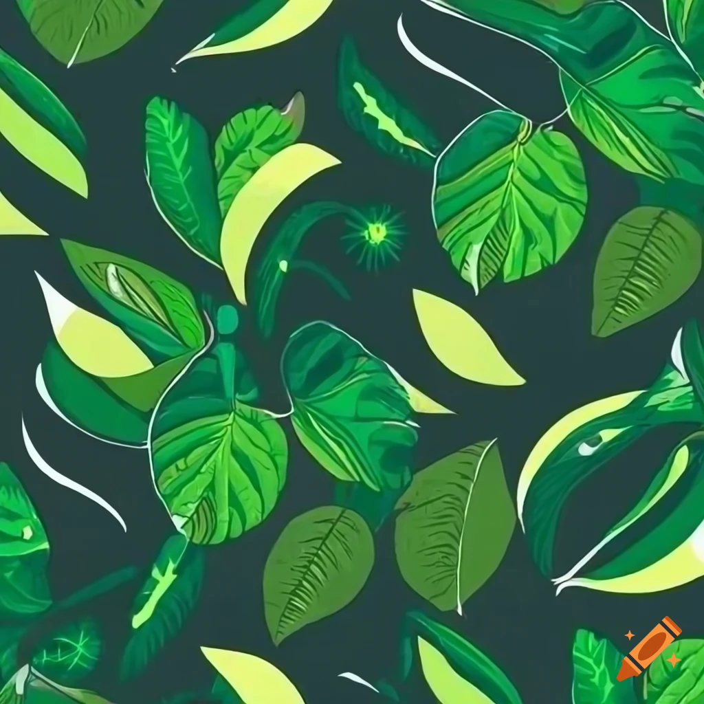 Repeating cartoonish jungle leaf pattern dark jungle green thick outline with lime green highlights