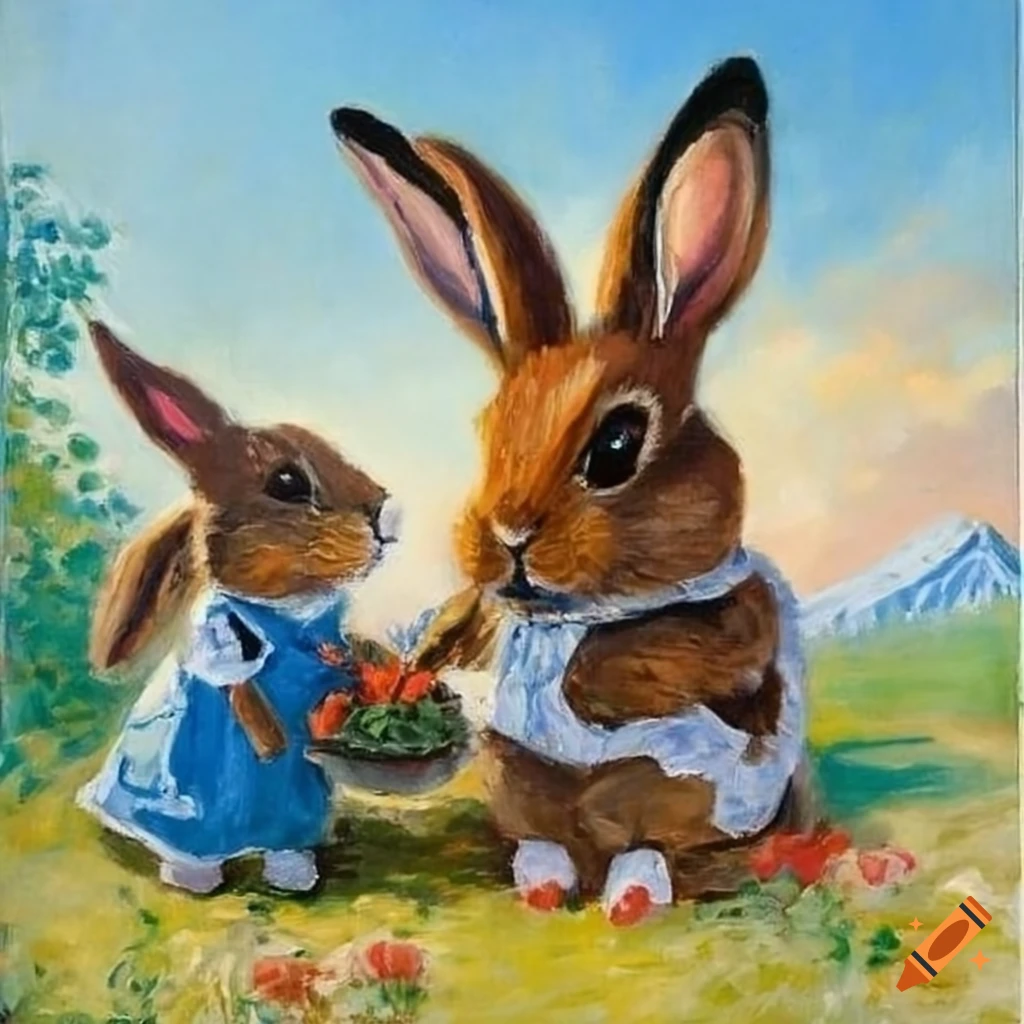 Monet painting of two rabbits with carrots
