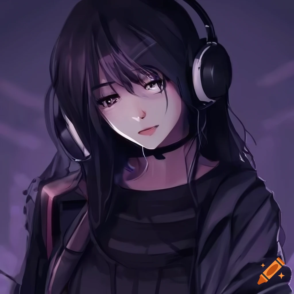 Darkbrown haired cool anime girl with long grunge haircut, black headphones  and darkbrown eyes on Craiyon