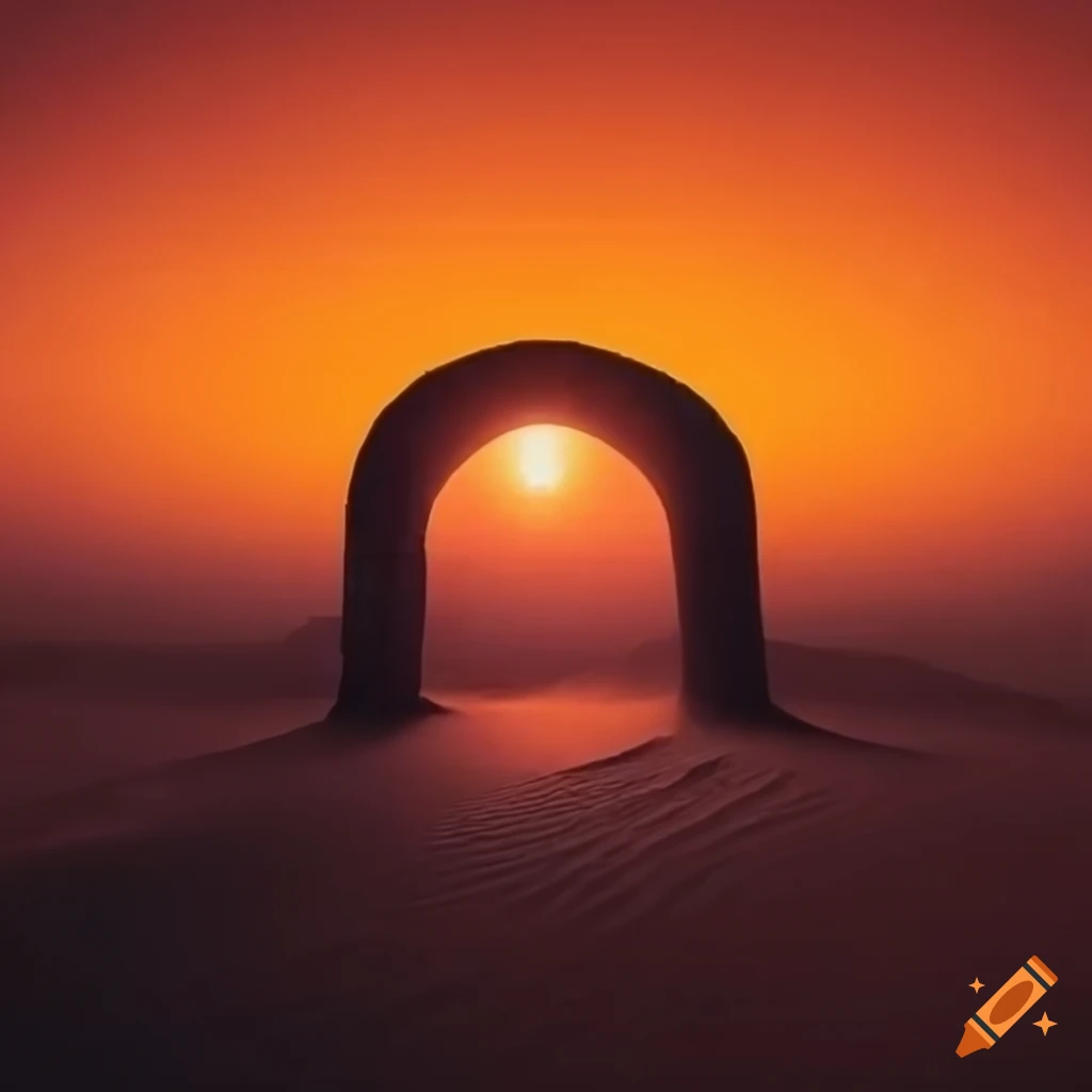 Portal in orange foggy desert at sunset