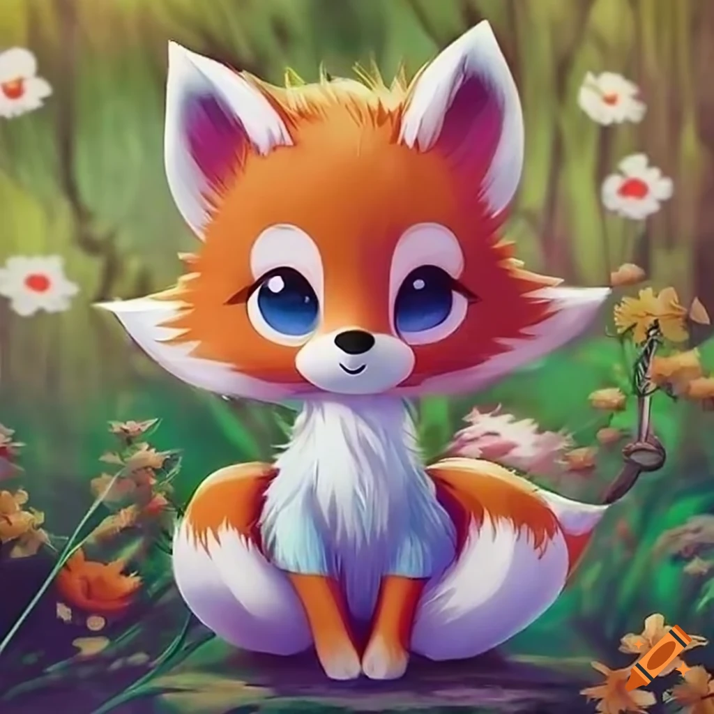chibi fox in scenic countryside