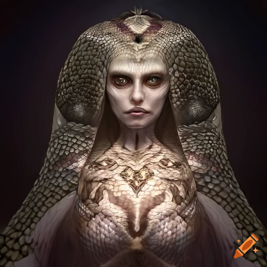 A fantasy serpent woman with a snake lower body, reptilian, covered in