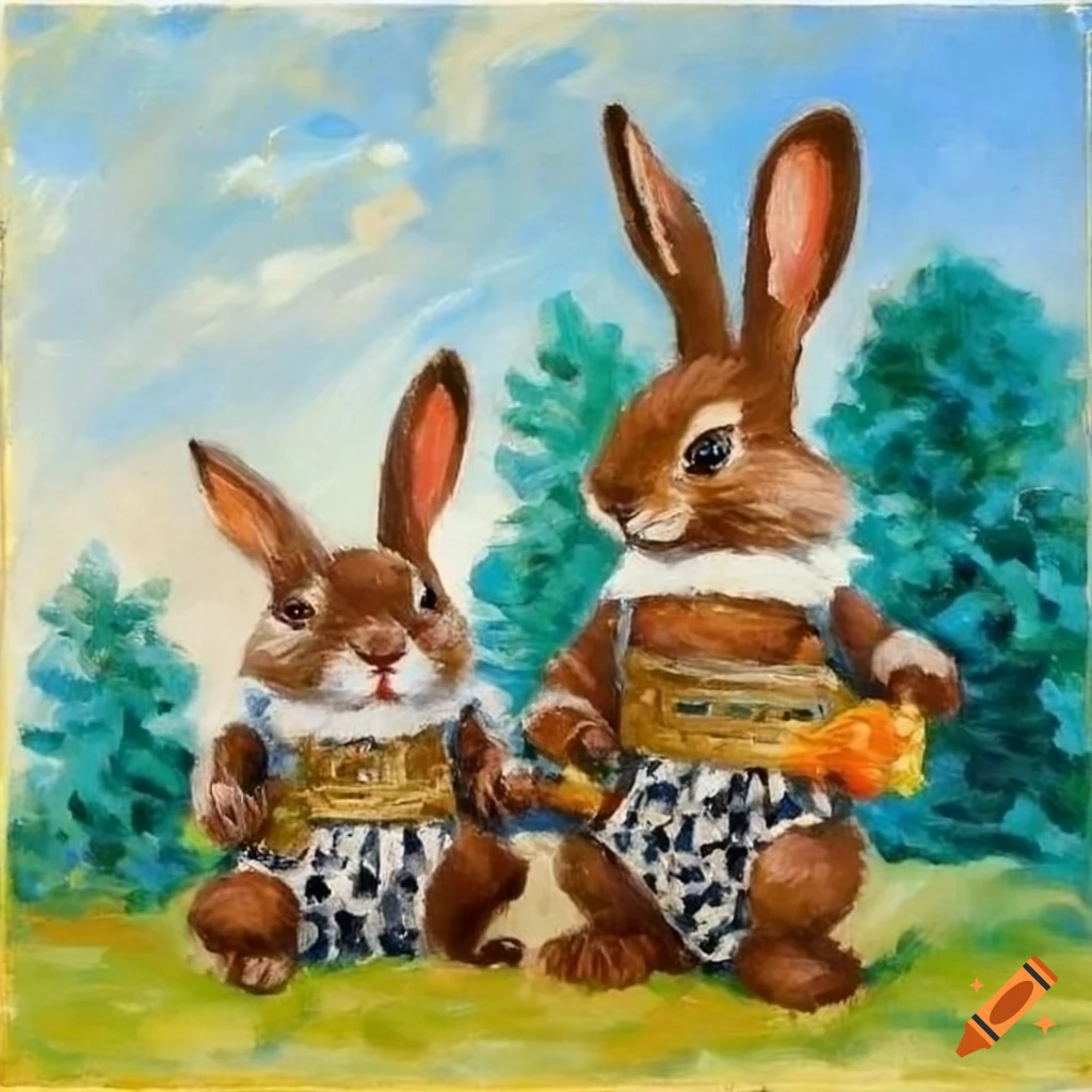 Classic painting of 2 brown rabbits with white spots wearing overalls ...
