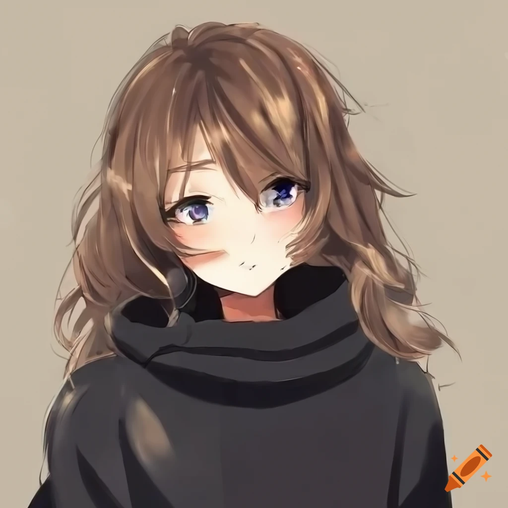 Anime girl, long messy brown hair, all black clothes, cute, fantasy ...