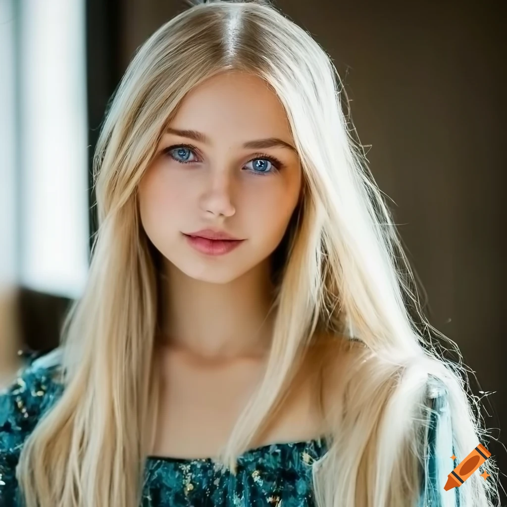 Life-like portrait of a lovely Scandinavian girl with ethereal beauty, blonde hair, large light eyes, wearing dress