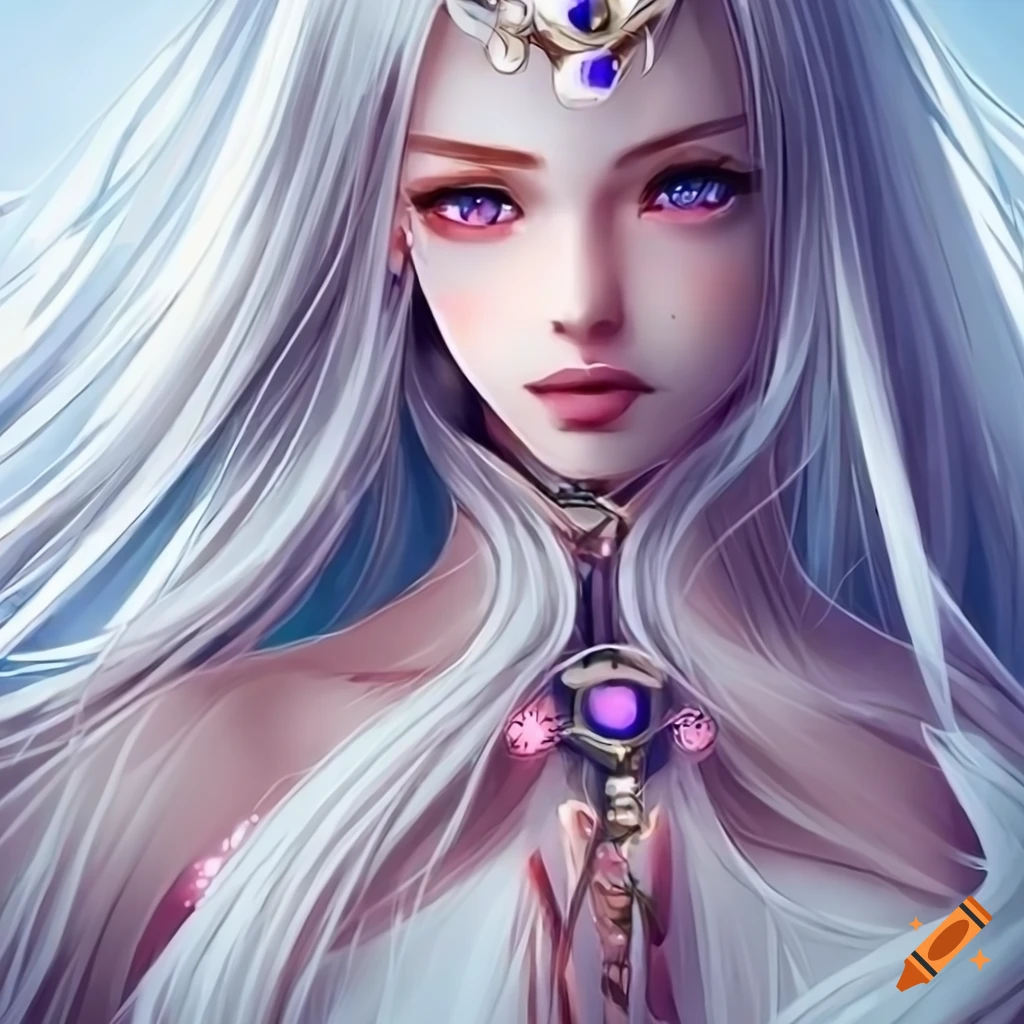 A breathtakingly beautiful anime girl with white long hair in looking ...