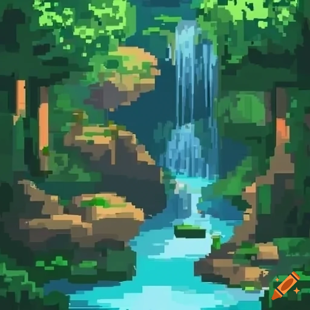 pixel video game map forest waterfall beach