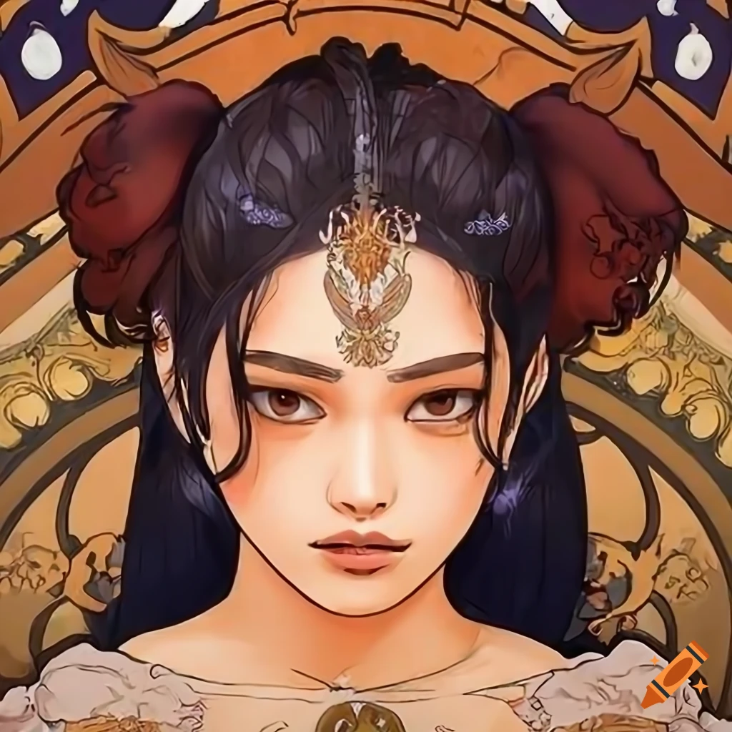 smirking anime south asian girl with thick long black hair in ponytail and brown eyes, with rich brown skin tone, inspired by alphonse mucha , hyper detailed, portrait, powerful
