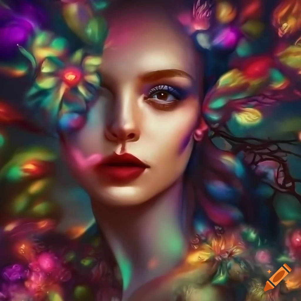 A beautiful women surrounded by trees and flora, colorful and dark, 8k