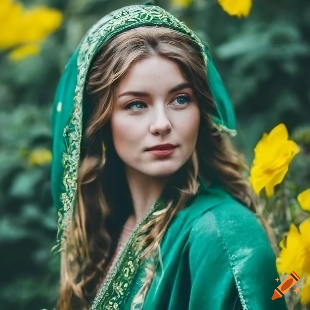 Celtic woman wearing green robe, surrounded by yellow flowers, beauty,  natural face, dreamy portrait, artistic, portrait featured on unsplash,  featured on unsplash, 80mm lens, aperture f2.8, sharp focus, ultra hd, 4k,  ultra
