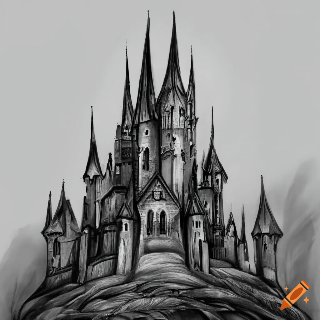 black gothic castle b&w white background