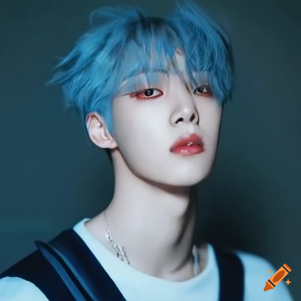 Baby blue, messy haired male kpop idol, cute y2k aesthetic