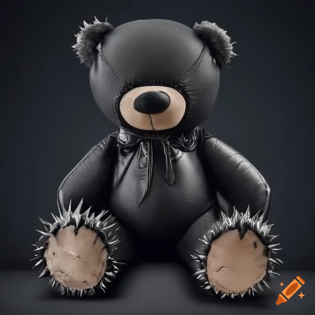 Big teddy bear made of black padded leather looking mean with metal spikes  on Craiyon