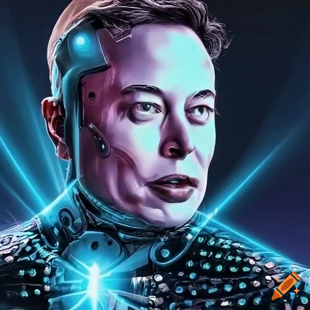 An image of Elon Musk with a half-robot face and laser eyes