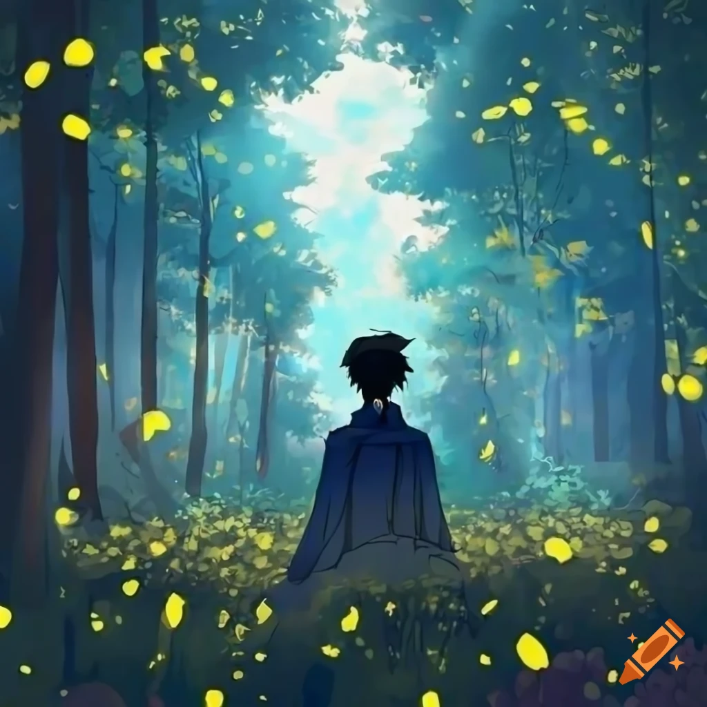 A male anime character in forest looking at sky full of stars more forest with fireflies and flowers