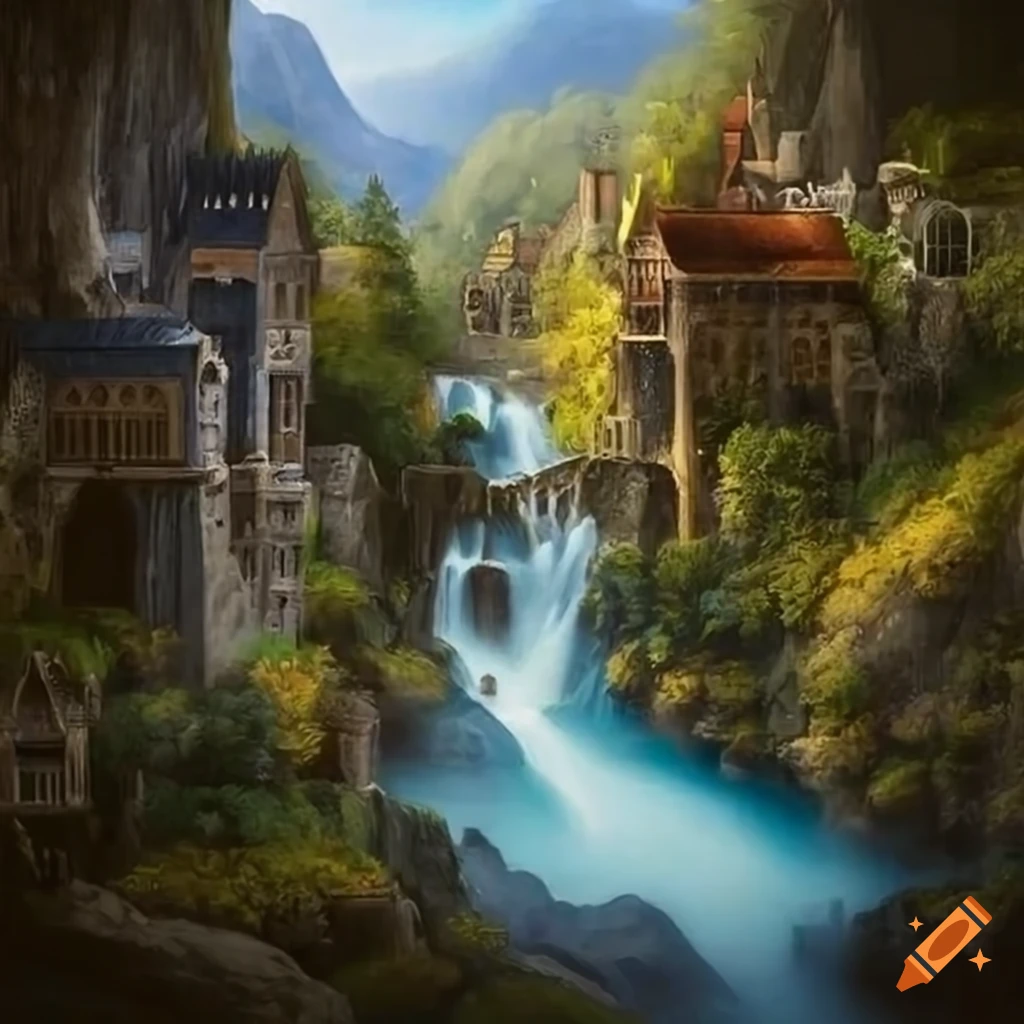 A highly detailed, breathtaking painting of Rivendell, a hidden elven ...