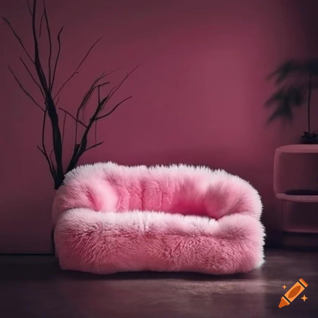 Fluffy plush pink couch in a room thats covered with plants and