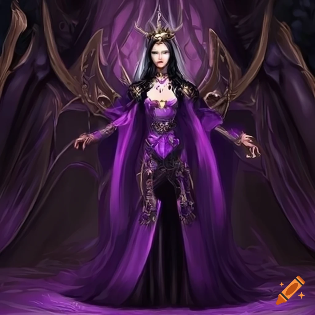 Fantasy queen black hair violet clothes standing infront of throne on  Craiyon