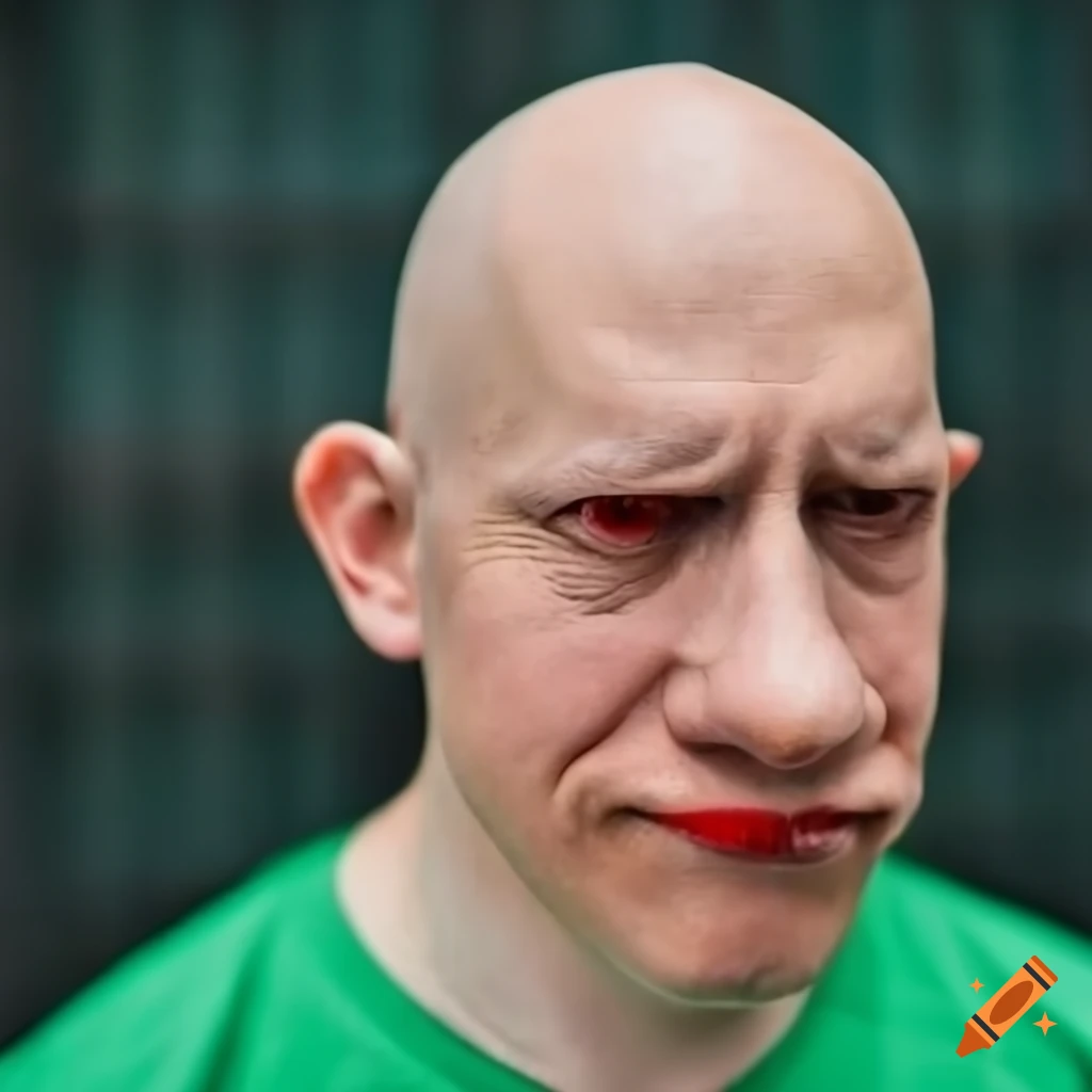 A bald man with big nose with big red lips and wearing a green shirt