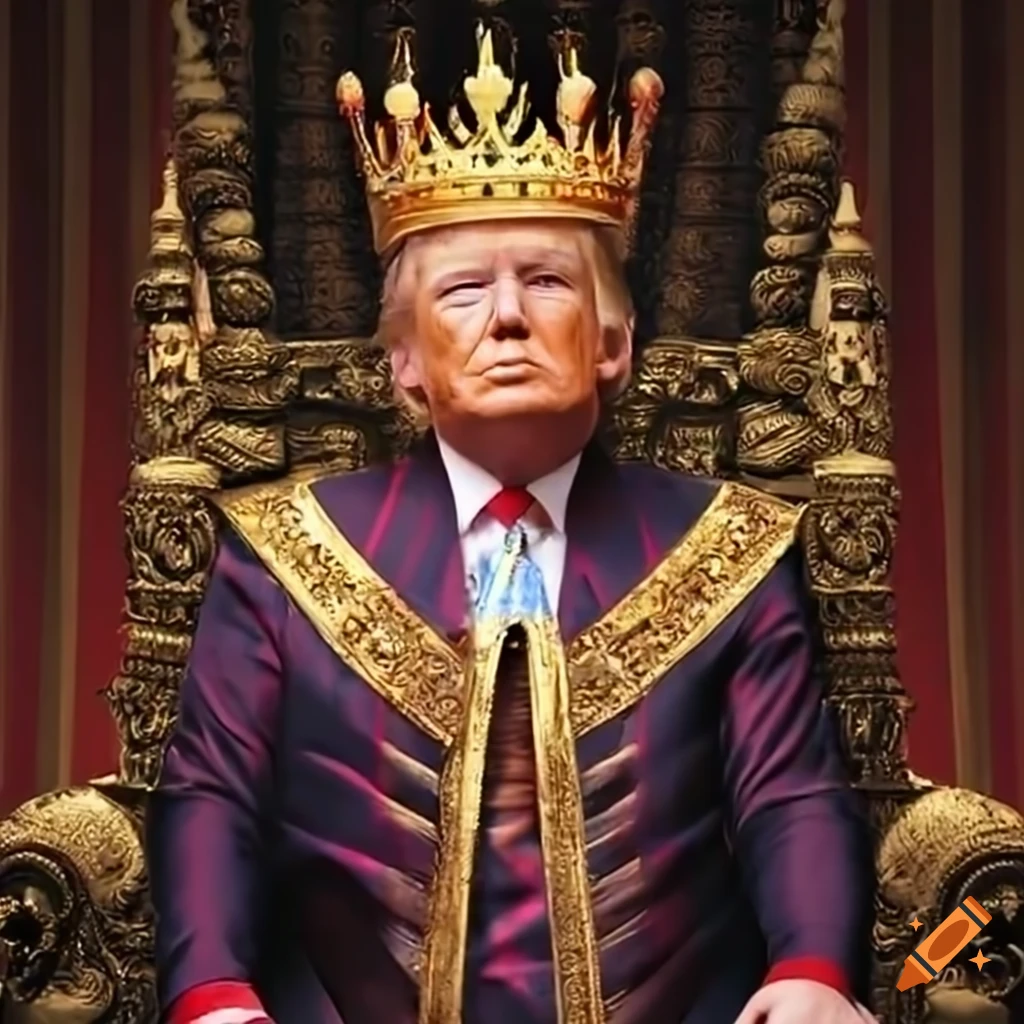 Trump sitting on a throne dressed like a king up close