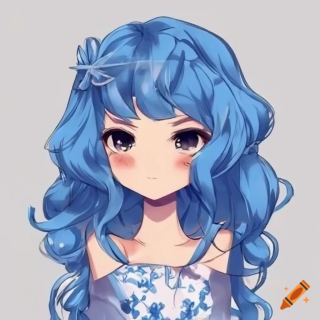 A cute anime girl with curly brown hair and blue clothing and brown eyes  kawaii drawing
