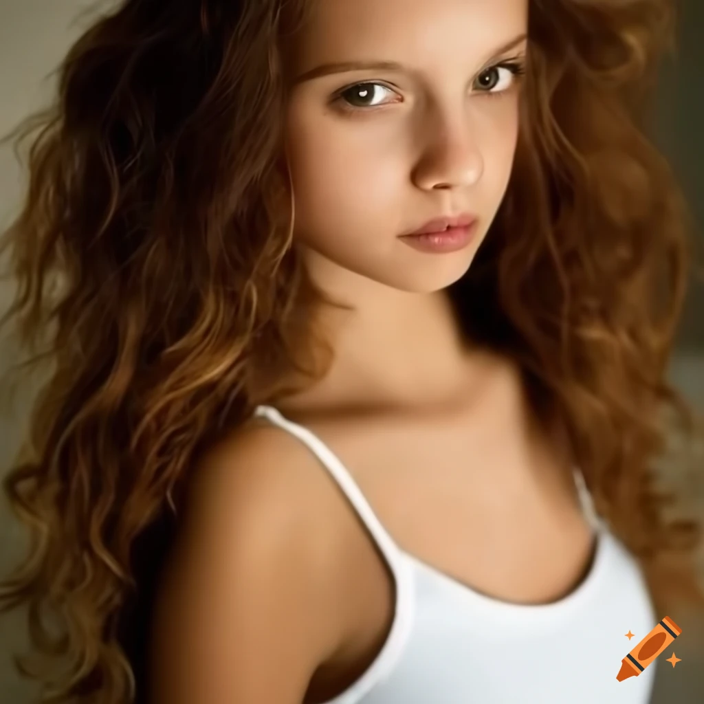 Girl With Blonde Wavy Hair And Tanned Skin With Dark Brown Eyes Wearing A White Tank Top And 0367