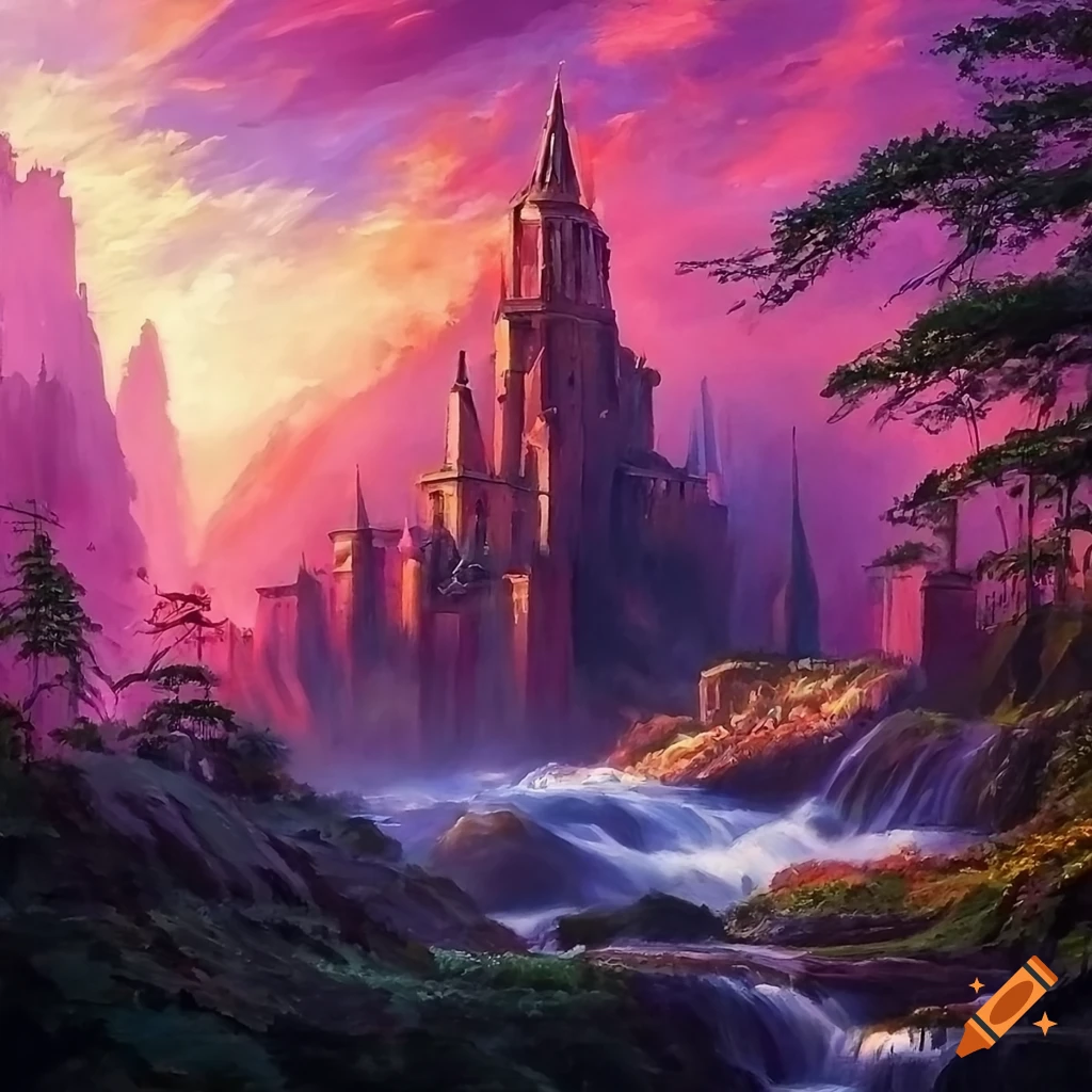 A magical world, castle, giant pink trees, waterfalls, by greg