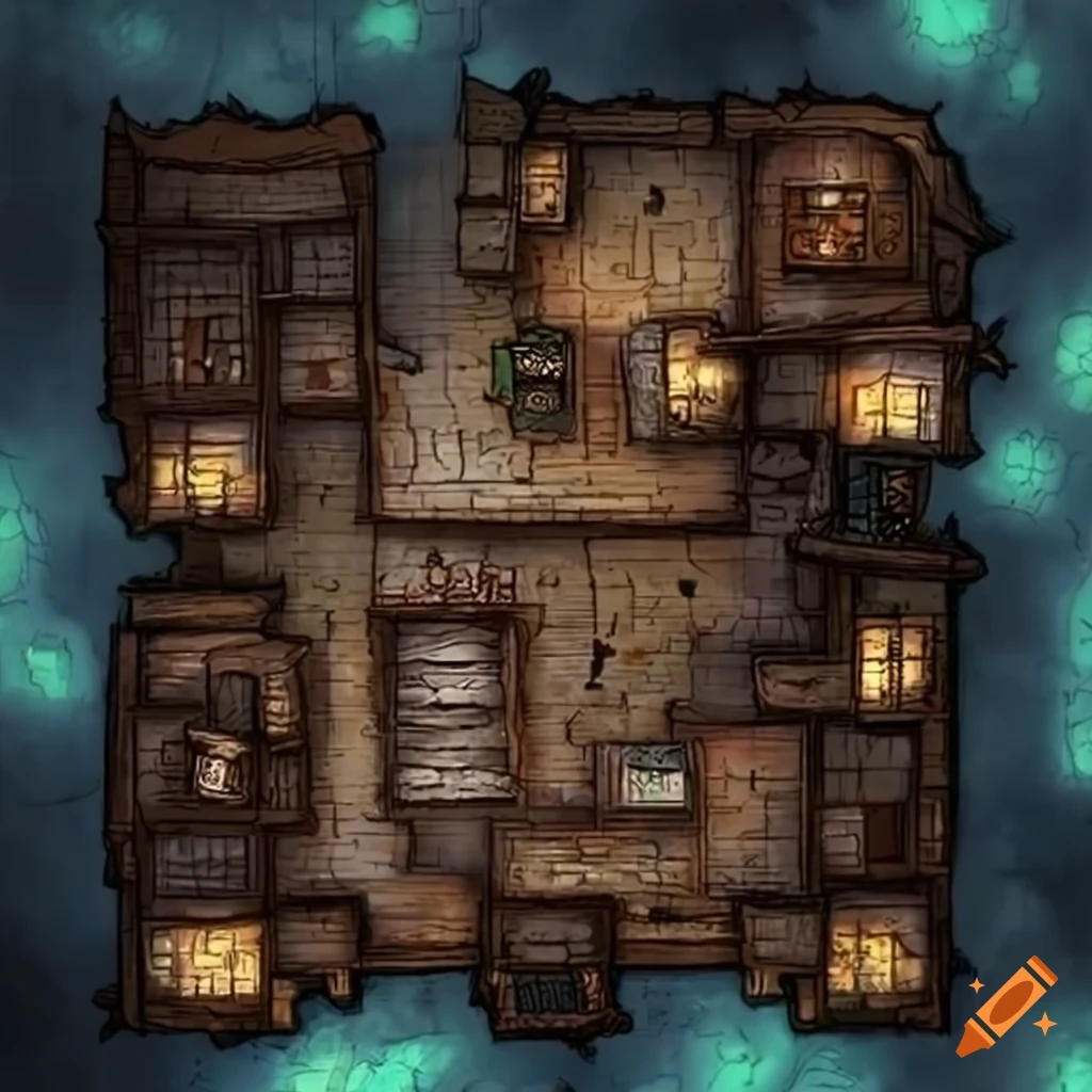 Pathfinder 2e top down dungeon map of rooms in a haunted house