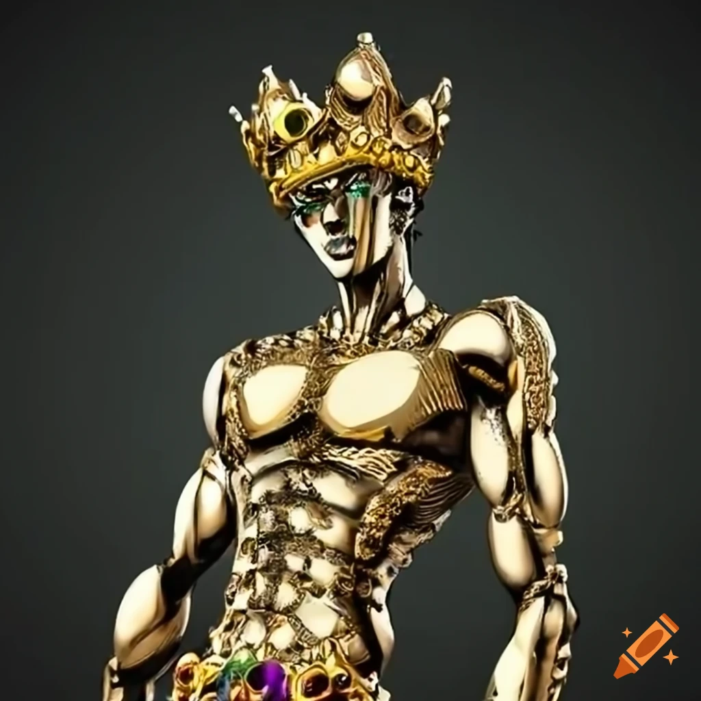 A large, metallic, powerful humanoid jojo's stand with a golden crown