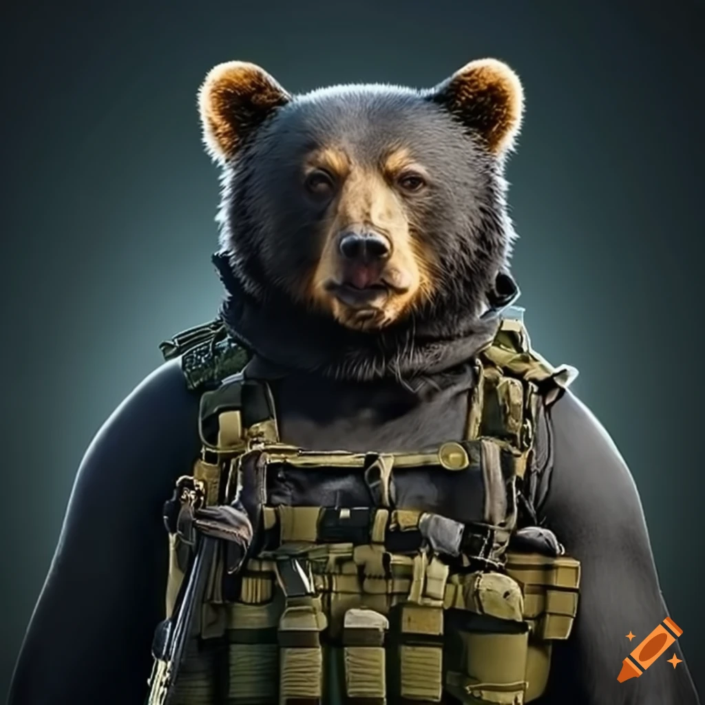 A whimsical black bear wearing tactical gear