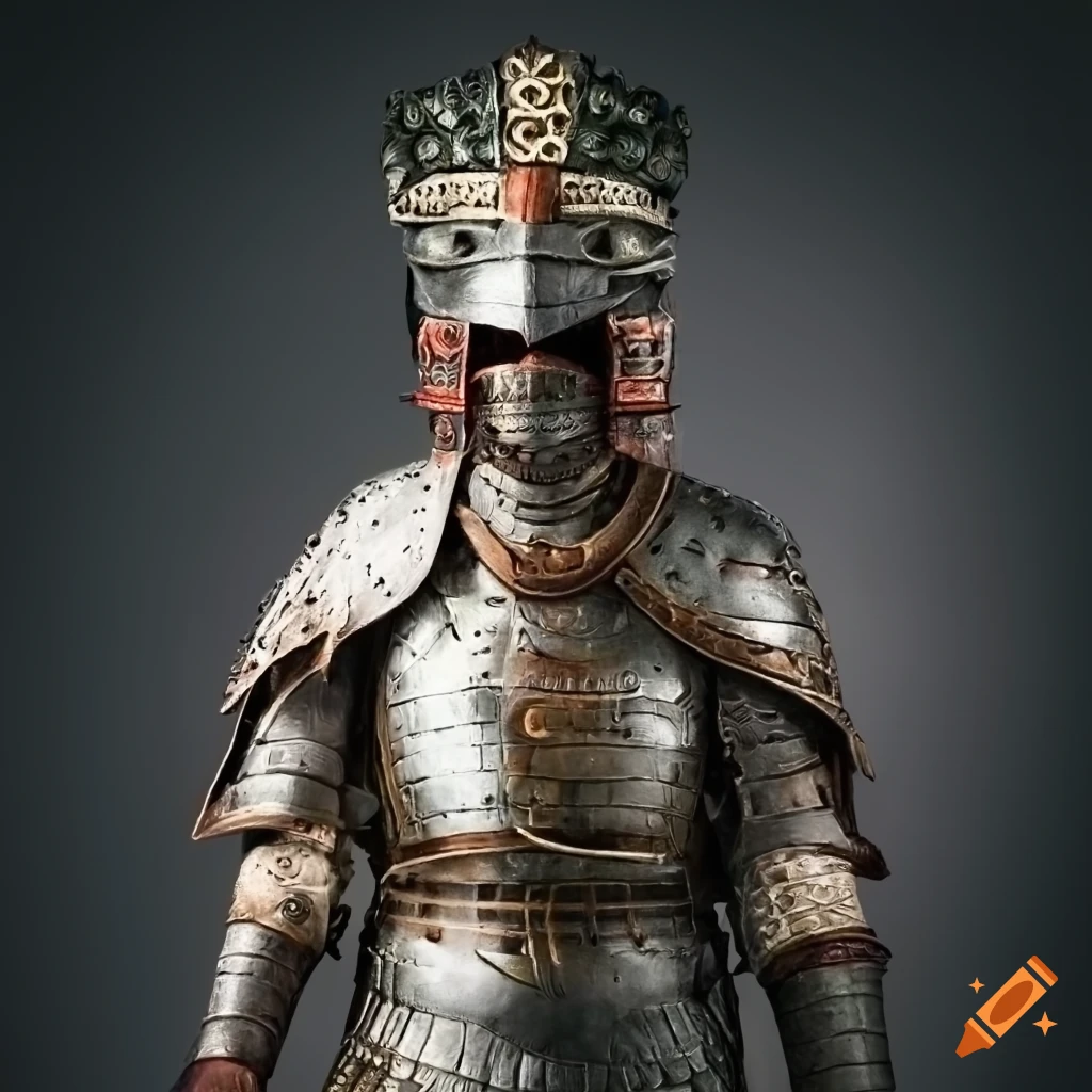 A suit of plate armor but as a mayan warrior would have worn, with ...