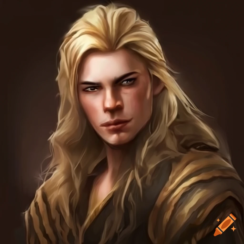 Fantasy male hero with long, blond hair and olive skin
