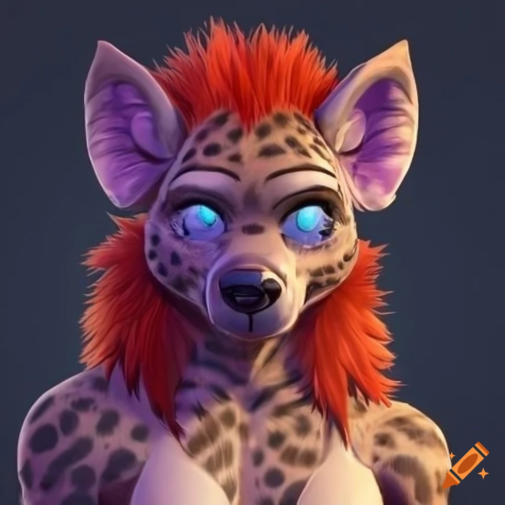 Anthro furrie hyena with red fur and blue eyes, masculine, female, face, head only