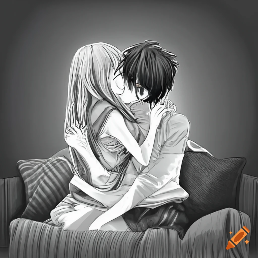 romantic anime couple cuddling on a sofa
