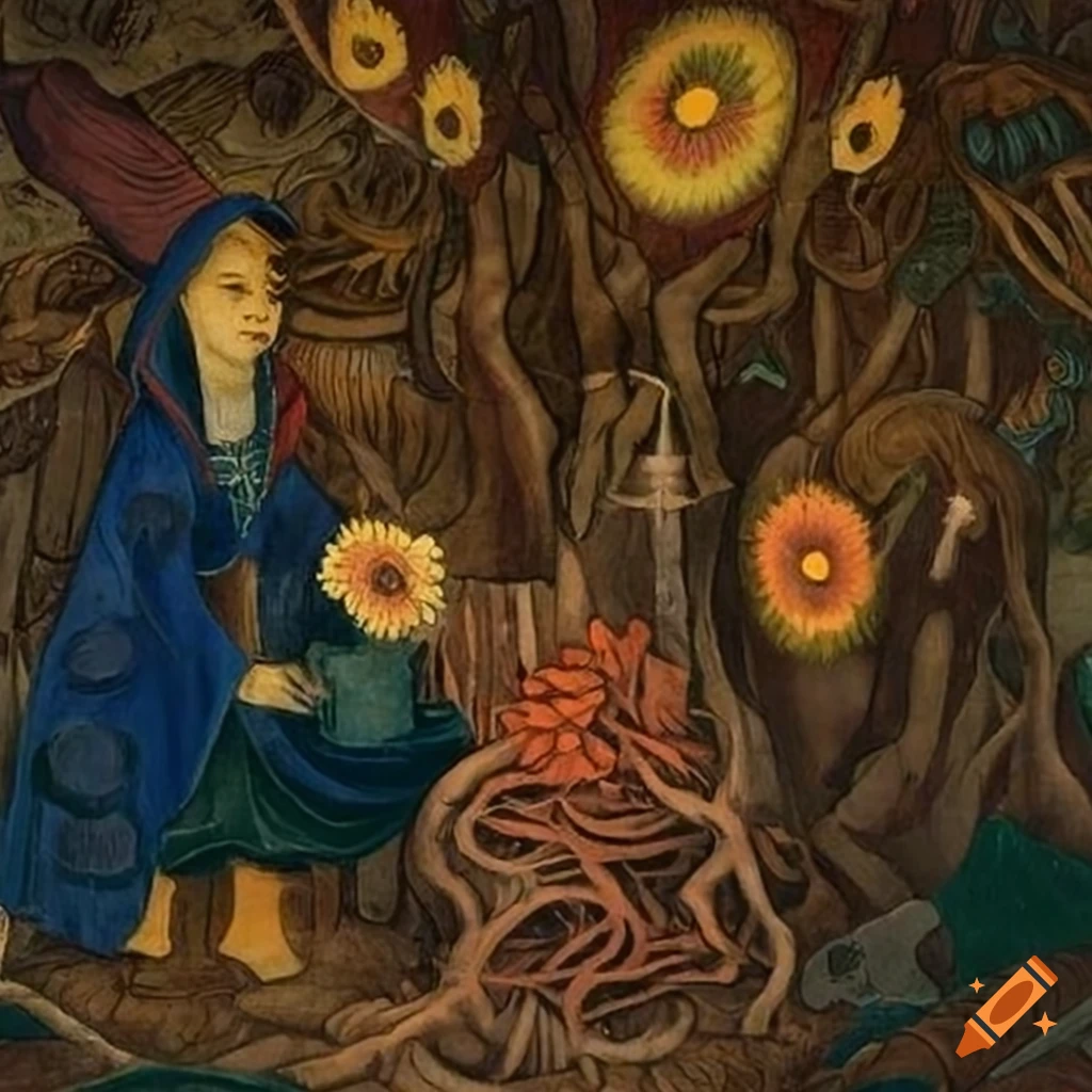 Diego rivera and remedios varos japanese woodcut of a raven in a wizard