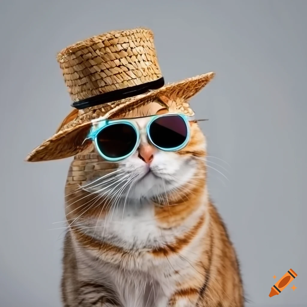 Fat cat wearing straw hat and sunglass; smiling; isolated on light gray on  Craiyon