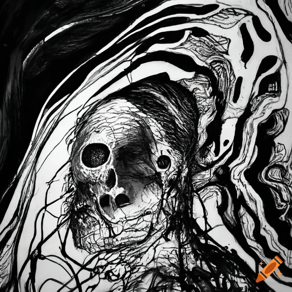 Intense black and white ink drawing of a conflicted individual