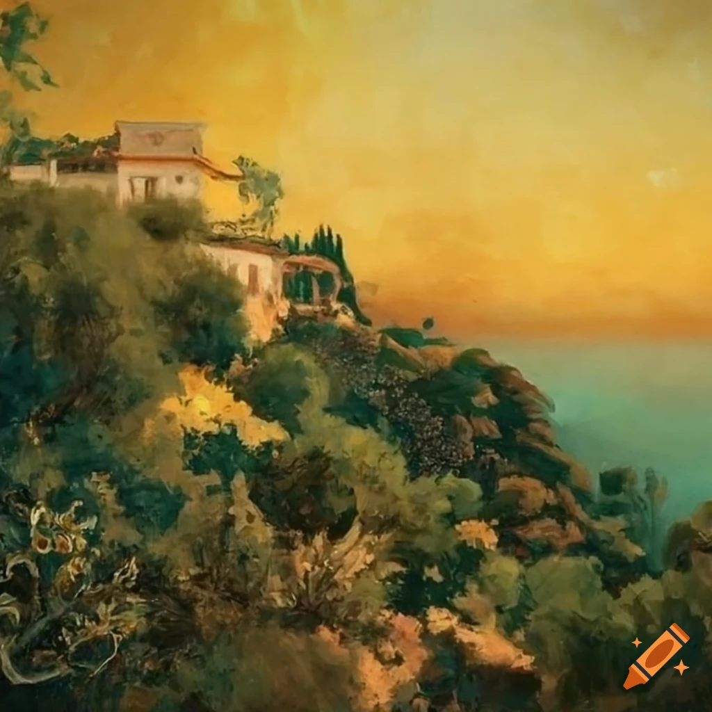 Silky retro greece landscape painting with golden abstract texture