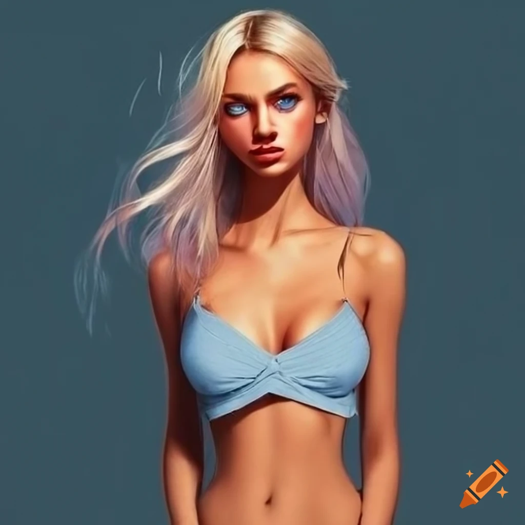 High quality, slim pretty woman, crop top, large bust, blue eyes, blond  hair, narrow hips on Craiyon