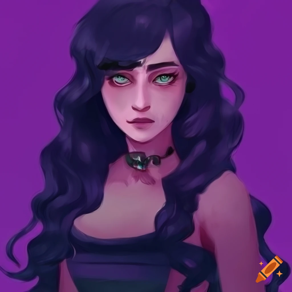 A digital drawing like arcane style of a woman with long black wavy