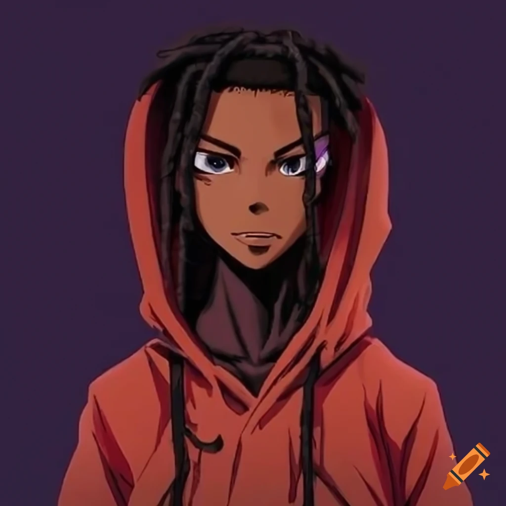 Black anime character with dreads and a hoodie on Craiyon