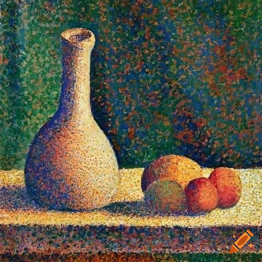 A clay bottle and a fruit on a table, pointillism by Georges seurat