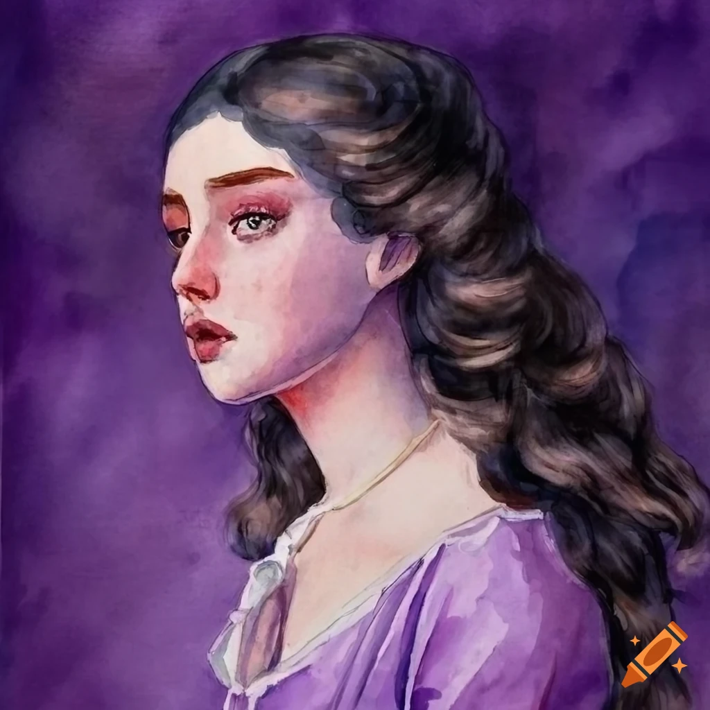A watercolor painting of a stern and proud girl with black wavy hair ...