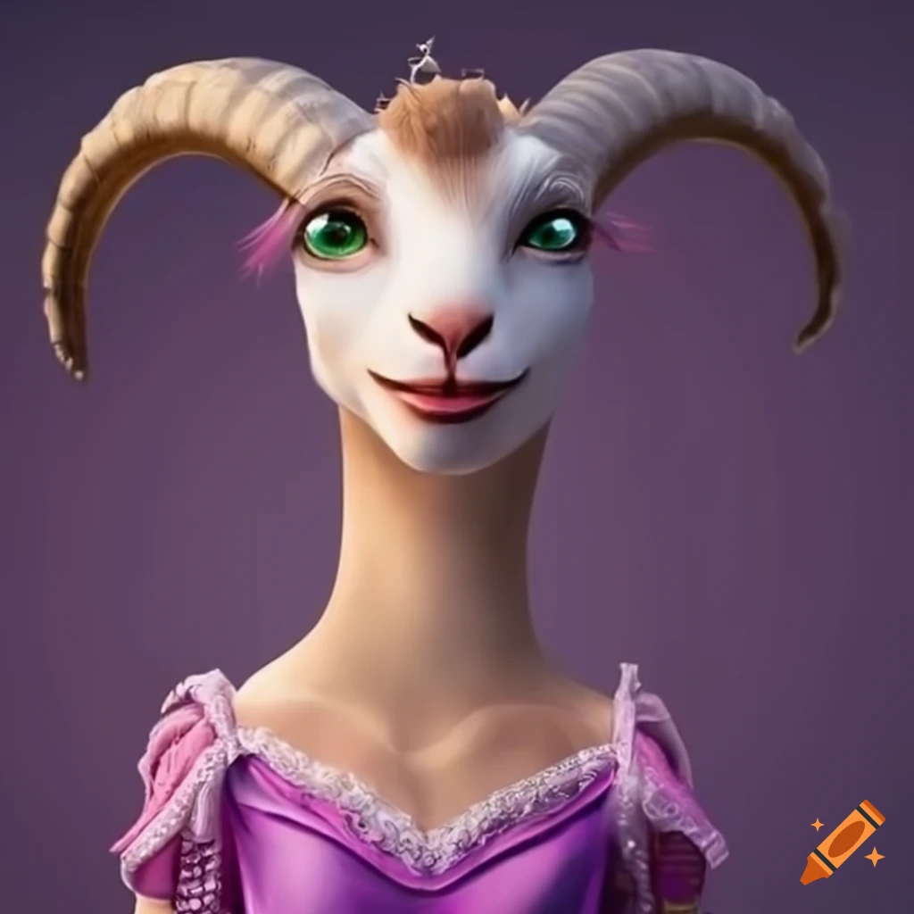 anthropomorphic goat Rapunzel wearing princess clothes