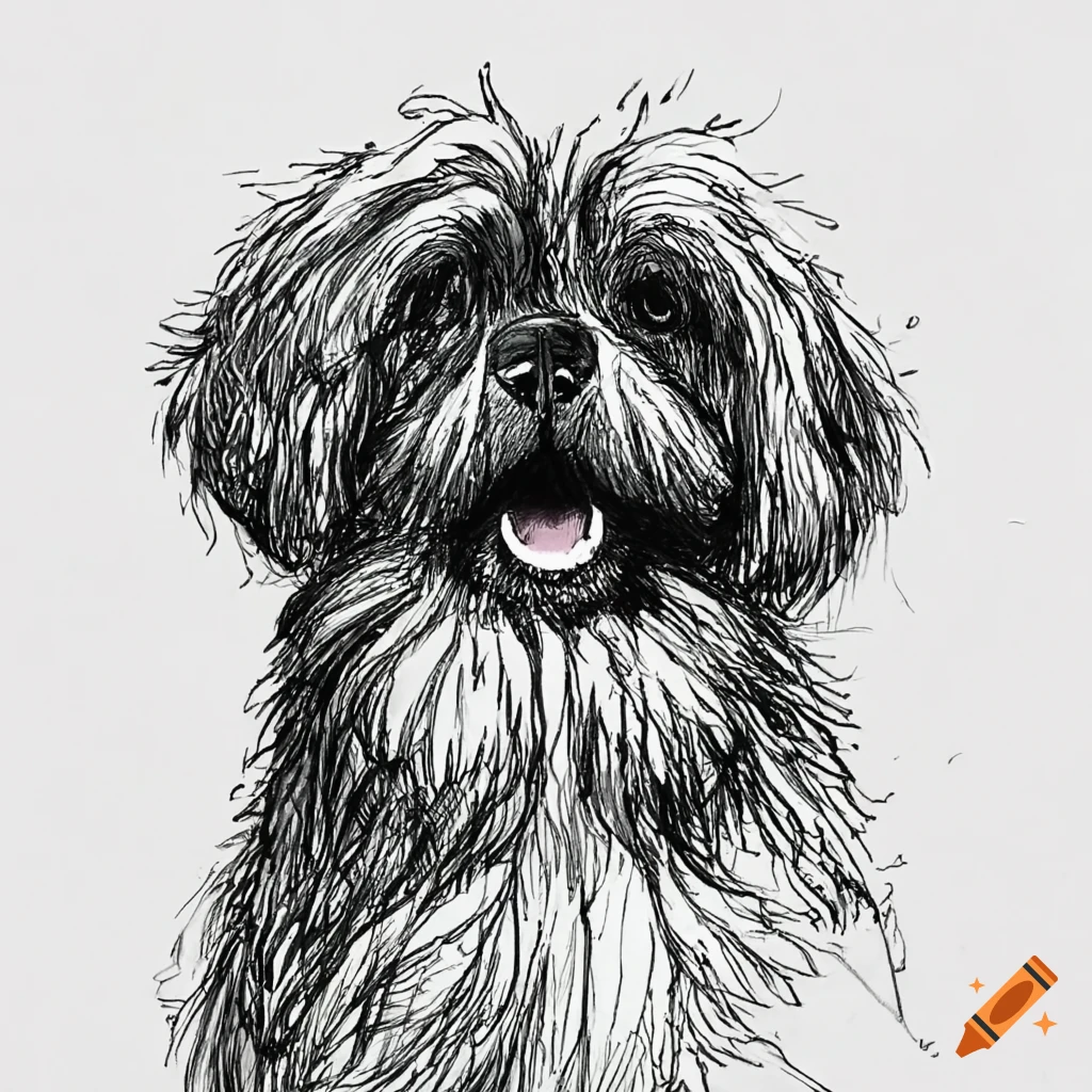 ink drawing of a fluffy doodle dog