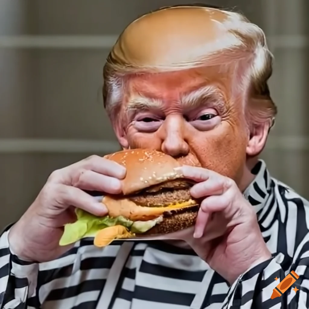Donald trump wearing a jail uniform eating a hamburger in his jail cell
